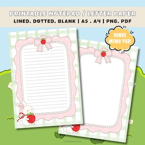 May include: Printable notepad and letter paper featuring a light green gingham background, a pink scalloped border with white pearls, a strawberry-topped pink bow, and a white rabbit holding a red strawberry. Includes text: PRINTABLE NOTEPAD / LETTER PAPER LINED, DOTTED, BLANK | A5, A4 | PNG, PDF and BONUS MEMO PAD!