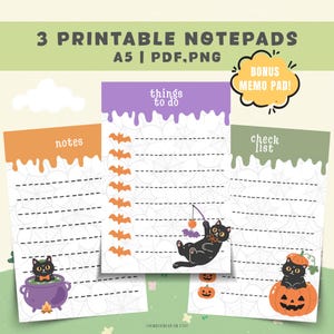Puede incluir: Tres blocs de notas imprimibles A5 con temas de Halloween y encabezados que gotean. Un bloc naranja con un gato negro en un caldero morado, un bloc morado con murciélagos y un bloc verde con una lista de verificación y un gato en una calabaza.