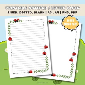 Bloc-notes imprimable coccinelle | Papier à lettre A4 A5 | Blanc pointillé ligné | Papeterie Nature Kawaii PNG PDF