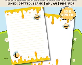 Printable Bee Notepad | Cute Honey Letter Paper | Lined Dotted Blank Pages | A4 A5 | PNG PDF | Kawaii Notes