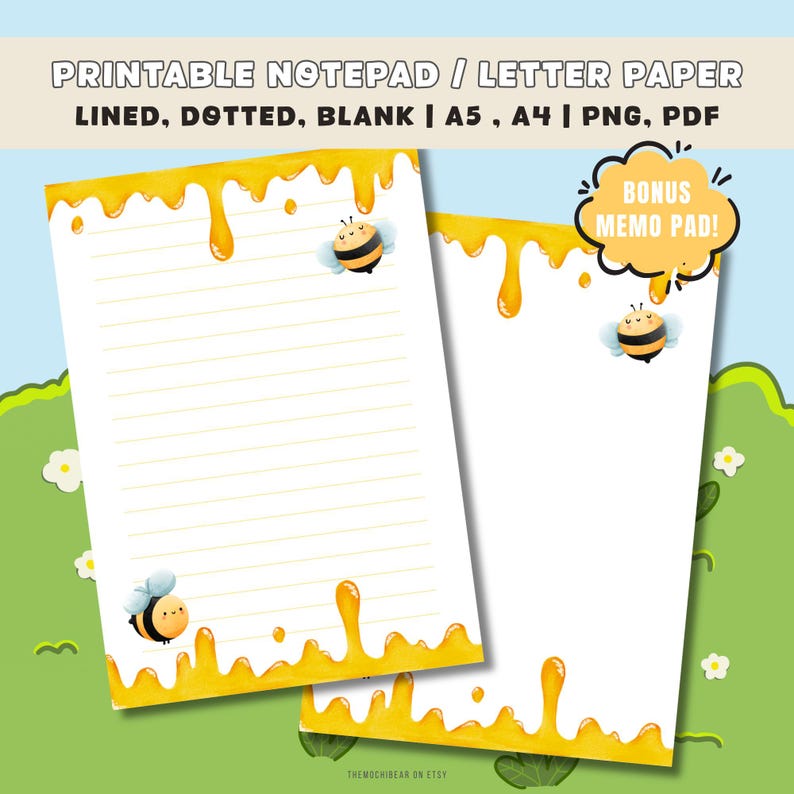 Printable Bee Notepad | Cute Honey Letter Paper | Lined Dotted Blank ...