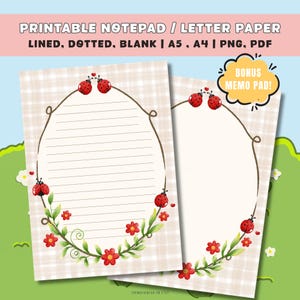 Notatnik z motywem biedronki i kwiatów do druku | Papier listowy na Dzień Matki | A4 A5 | Pusty w linie i kropki | Kawaii Cottagecore PNG PDF