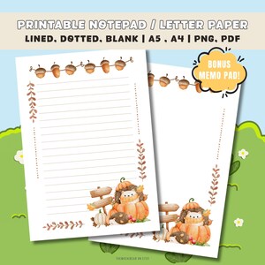 Papel para bloc de notas de otoño imprimible / Papelería Kawaii con erizo y calabaza / Papel para escribir cartas de otoño / A4 A5 PDF PNG / Páginas en blanco con líneas y puntos