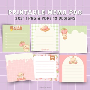 Kawaii Bear & Strawberry Wydrukuj Notatnik | 3x3” | Pobieranie cyfrowe | 12 Uroczych Wzorów | Lista Rzeczy Do Zrobienia | Kawaii Stationary | PNG, PDF