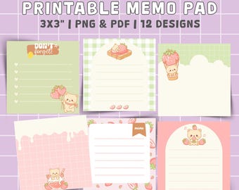 Bear Strawberry Printable Memo Pad : 12 Kawaii Designs, PNG & PDF (A4, US Letter), 3"x3"