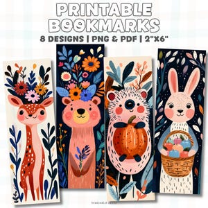 Cozy Fall Woodland Printable Bookmarks: 8 Autumn Animal Designs, 2&quot;x6&quot;, PNG &  PDF (A4, US Letter)