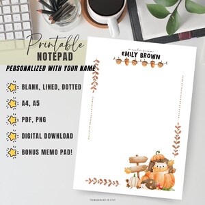 Personalized Notepad Printable | Kawaii Fall Hedgehog Stationery | Digital Download | A4 A5 PDF PNG | Custom Memo Pad