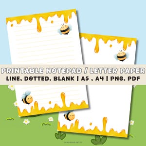Könnte beinhalten: Druckbares Notizblock- und Briefpapier mit einem Bienenthema. Das Design zeigt gelbe Honigtropfen und Cartoon-Bienen. Der Notizblock ist in linierten, gepunkteten und leeren Formaten erhältlich und in den Größen A5 und A4 verfügbar. Der Text auf dem Bild lautet "PRINTABLE NOTEPAD / LETTER PAPER".