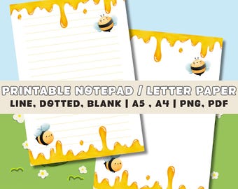 Bloc de notas de abejas imprimible / Papel de carta con miel / Páginas en blanco con rayas y puntos / A4 / A5 / PNG / PDF / Notas kawaii