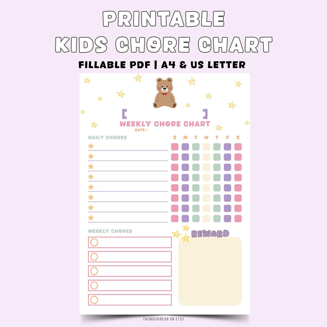 Printable Bear Chore Chart for Kids | Fillable Weekly Task Chart | A4 ...