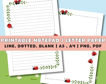 Afdrukbaar notitieblok lieveheersbeestje | A4, A5-papier | Gevoerd gestippeld blanco | Kawaii Nature-briefpapier, png-bestand (pdf)