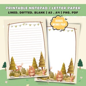 Woodland Animal Printable Notepad | Autumn Forest Letter Paper | Lined, Blank & Dotted Writing Paper | A5 A4 PNG PDF | Digital Download