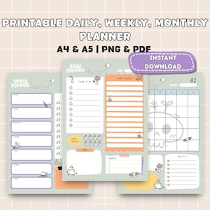 May include: Printable daily, weekly, and monthly planner in A4 and A5 sizes, available as PNG and PDF files. The design features a light green background with whimsical illustrations and the text "INSTANT DOWNLOAD".