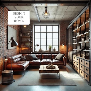 May include: A brown leather sectional sofa with a wooden coffee table in a loft-style living room with exposed brick walls, a large window, and a metal shelving unit. The text "DESIGN YOUR HOME" is visible in the image.