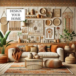 May include: A living room interior design featuring a white sofa, a brown rug, and a coffee table with a woven design. The walls are adorned with various artwork, including a framed print that reads "Design Your Home".