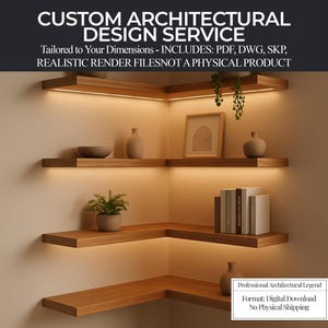Custom DIY Plans for Corner Floating Shelf | Digital Woodworking Blueprints (Pdf, Deg, Skp) | Architectural Design Service