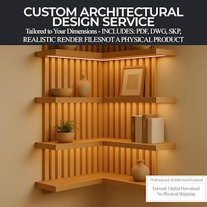 Plans de bricolage personnalisés pour étagère flottante d'angle | Plans numériques de menuiserie (Pdf, Dwg, Skp) | Service de conception architecturale