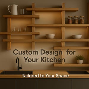 Peut inclure: Une conception de cuisine moderne avec des étagères en bois personnalisées et un éclairage intégré. Les étagères présentent des bols blancs, des pots d'épices et une petite plante en pot. Le texte indique "Custom Design for Your Kitchen" et "Tailored to Your Space."