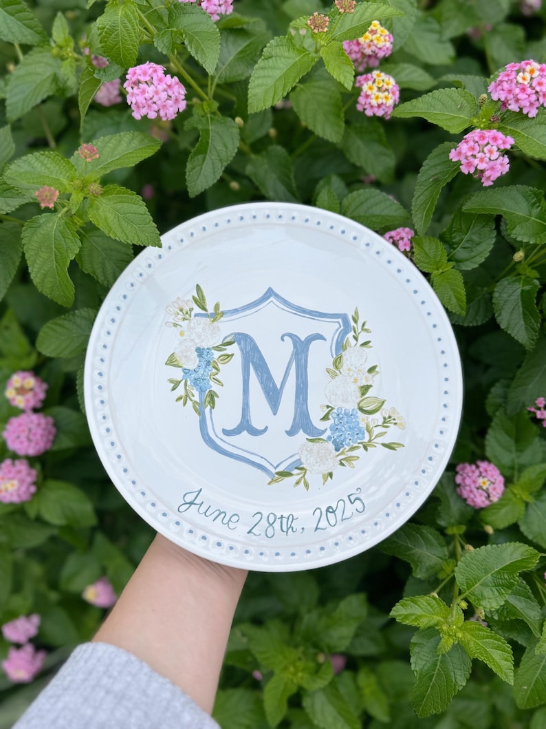 custom hand painted ceramic dish / plate - wedding crest, duogram, initials