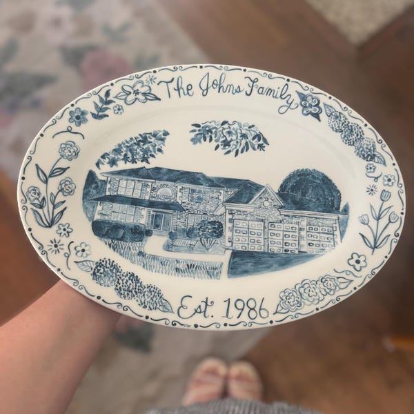 building - decorative custom hand painted ceramic plate - venue, home, architecture painting