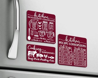 Refrigerator Magnet ~ Kitchen Measurement & Recipe Conversions ~ Cooking Temperatures ~ Baking Equivalents ~ Cooking Cheat Sheet 4" burgundy