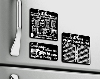 Refrigerator Magnet ~ Kitchen Measurement & Recipe Conversions ~ Cooking Temperatures ~ Baking Equivalents ~ Cooking Cheat Sheet 4" (black)