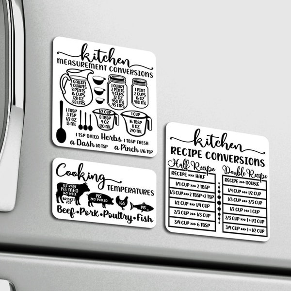 ¡LIQUIDACIÓN! Paquete de 3 imanes para refrigerador ~ Medidas de cocina y conversiones de recetas ~ Temperaturas de cocción ~ Horneado ~ Guía práctica de cocina de 10 cm