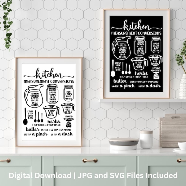 Bauernhaus druckbare Wandkunst Küche Messumwandlungstabelle - JPG & SVG - Kochen Äquivalente | Back-Spickzettel | Digitaler Download