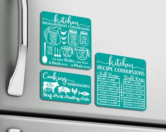 Refrigerator Magnet ~ Kitchen Measurement & Recipe Conversions ~Cooking Temperatures ~ Baking Equivalents ~ Cooking Cheat Sheet 4" turquoise