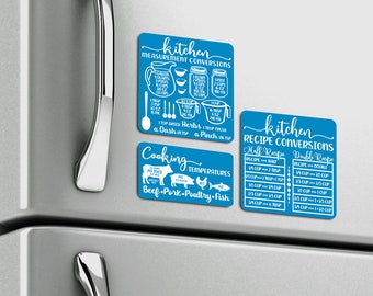 Refrigerator Magnet ~ Kitchen Measurement & Recipe Conversions ~ Cooking Temperatures ~ Baking Equivalents ~ Cooking Cheat Sheet 4" Lt blue