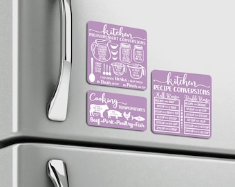 Refrigerator Magnet ~ Kitchen Measurement & Recipe Conversions ~ Cooking Temperatures ~ Baking Equivalents ~ Cooking Cheat Sheet 4" Lilac