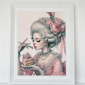 Marie Antoinette with Cake Printable Wall Art, Pink Room Wall Decor, Rococo Baroque Maximalist Print, Trendy Dopamine Digital Download