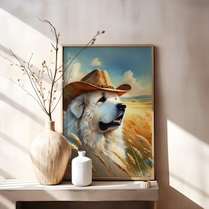 Great Pyrenees Dog Cowgirl Hat Print, Neutral Aesthetic Print, Vintage Art, Western Trendy Wall Art, Cowgirl Hat Print, Funky Western Art