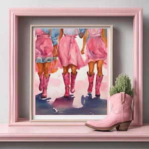 Pink Cowgirl Boots Print, Girly Western Digital Print, Coastal Cowgirl Printable Art, Trendy Cowboy Boots Painting, Teen Girls Room Decor