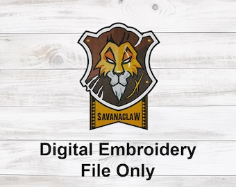 May include: Digital embroidery file featuring a lion's head within a shield-shaped emblem. The emblem is brown, gold, and white, with the text "SAVANACLAW" on a banner below. The words "Digital Embroidery File Only" are displayed below the emblem.