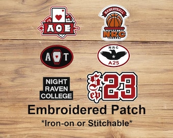 May include: A collection of embroidered patches with various designs, including a basketball, playing card, and the text "ACE". The patches are in red, white, and black colors. The text "Embroidered Patch" is also visible.