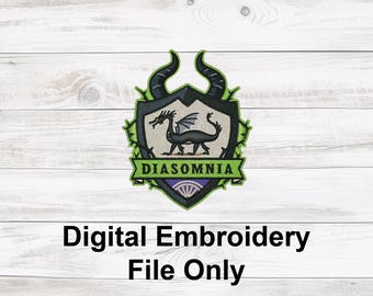 May include: A digital embroidery file featuring a shield design with a black dragon, the word "DIASOMNIA", and a decorative border. The design includes black, green, and purple accents. The text "Digital Embroidery File Only" is displayed below the design.