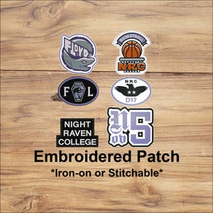 May include: A selection of embroidered patches featuring diverse designs, such as a shark, basketball, and stylized text. The patches are in shades of purple, white, and black. The text "Embroidered Patch" and "Iron-on or Stitchable" are also visible.