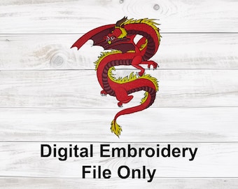 May include: A red dragon embroidery design with yellow accents and wings. The dragon is on a white wooden background. The text "Digital Embroidery File Only" is below the dragon.