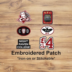 May include: A collection of embroidered patches with various designs, including playing cards, a vintage typewriter, an eagle with stars, and the text "Night Raven College." The patches are in red, black, and white, with the words "Embroidered Patch" below.
