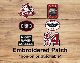 May include: A collection of embroidered patches with various designs, including playing cards, a vintage typewriter, an eagle with stars, and the text "Night Raven College." The patches are in red, black, and white, with the words "Embroidered Patch" below.
