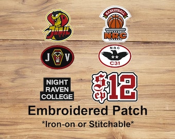 May include: A collection of embroidered patches with various designs, including a cobra, basketball, and a raven. The patches are in various shapes and colors, with text that reads "Night Raven College" and "$12". The text "Embroidered Patch" is also visible.