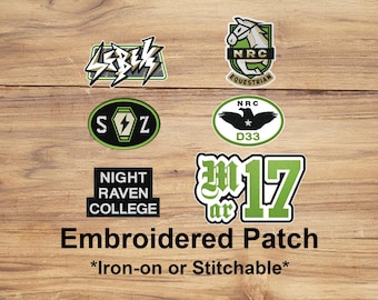 May include: A collection of embroidered patches with various designs, including text and graphics. The patches feature a lightning bolt, a horse, a coffin with a lightning bolt, a bird, the text "Night Raven College", and the text "ar 17". The text "Embroidered Patch" is also visible.