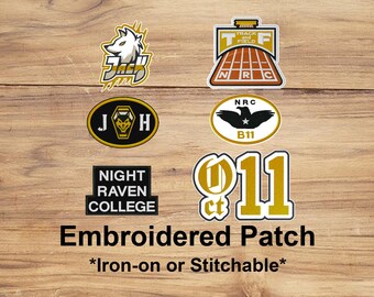 May include: Embroidered patches with various designs, including a wolf, track and field graphic, and a raven. The patches are in various shapes and colors, with text that reads "Night Raven College" and "911 ct". The patches are iron-on or stitchable.