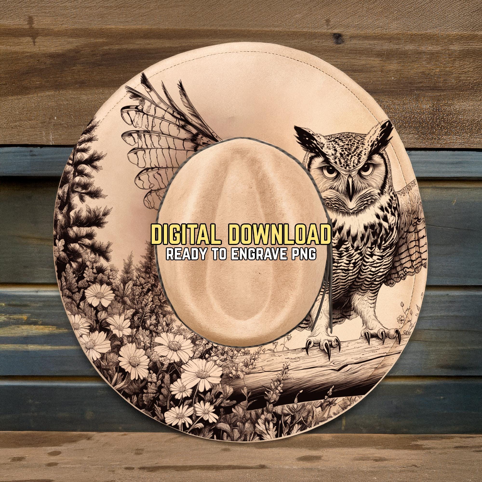 Owl Hat Burning Design - Ready To Engrave PNG & PDF - Owl Wings Spread Scene - Nature Wildlife A