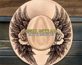 Wings and Roses Hat Burning Design - Ready To Engrave PNG & PDF - Angel Wings Art - Wide Brim Hat Engraving Template - Digital Download