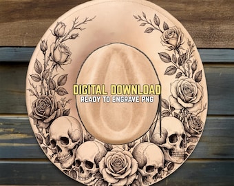 Skulls & Roses Hat Burning Design - Ready To Engrave PNG - Western Country Art - Grunge - Wide Brim Hat Engraving Template