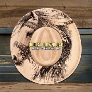 Native American Horse Hat Burning Design - Ready To Engrave PNG & PDF - Tribal Horse Scene - Wide Brim Hat Engraving Template
