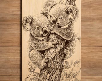 Koala Bears Laser Engraving File - Ready To Engrave PNG - Koala Bears Climbing Tree Scene - Laser Burn File