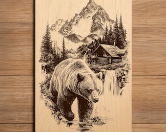 May include: A wooden panel featuring a detailed illustration of a bear walking in a stream. The artwork includes a mountain range, a cabin, and a waterfall, all rendered in shades of brown and black, creating a rustic, nature-themed aesthetic.